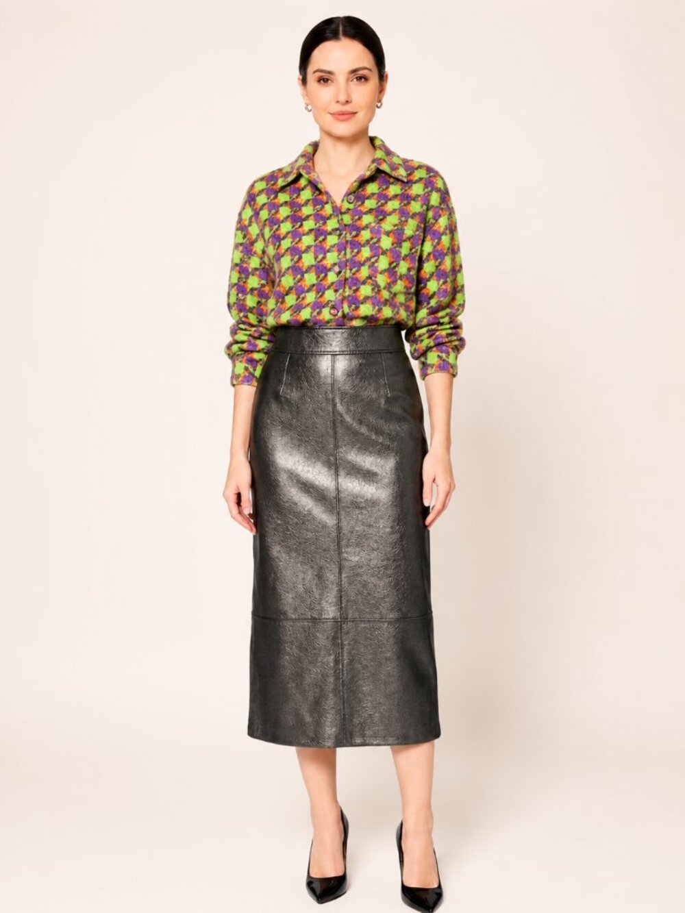 Kim & Co Croco Faux Leather Knit Maxi Skirt Front Slit Pewter Kim & Co Croco XL